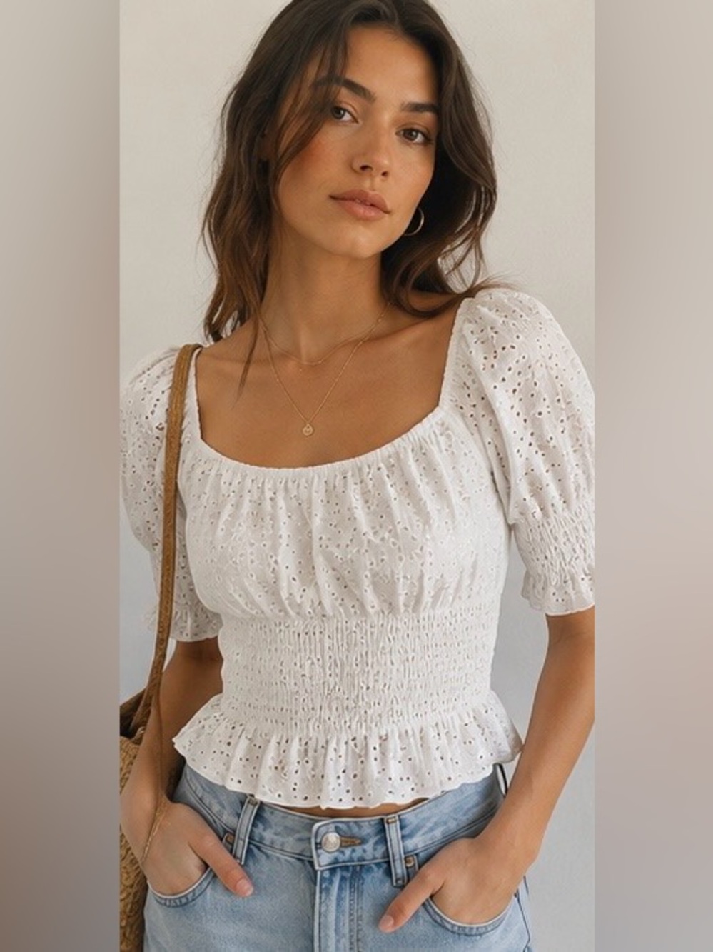 White Eyelet Smocked Peplum Top Size M
